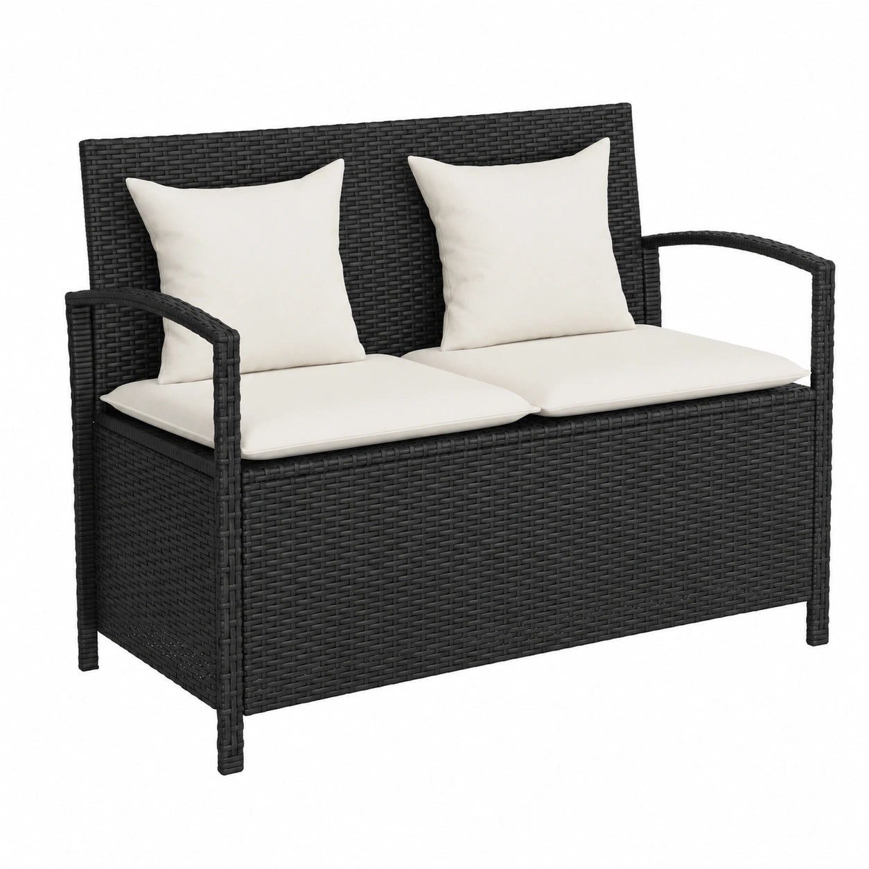 Banc de rangement ext¨¦rieur avec coussin en r¨¦sine tress¨¦e noir