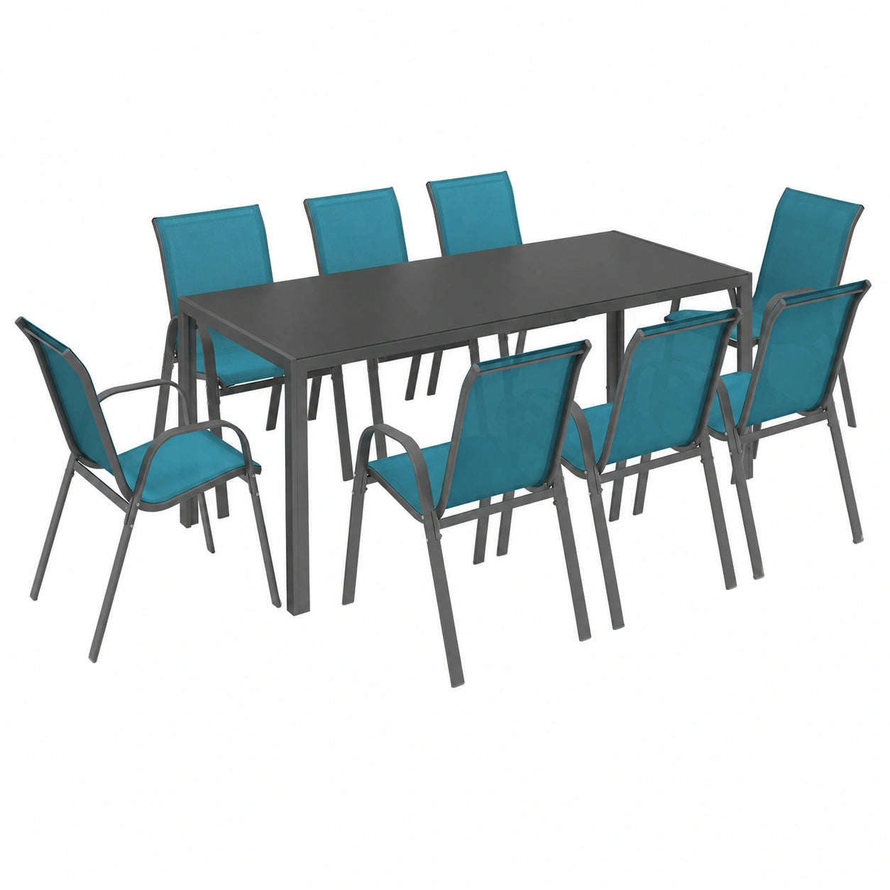 Ensemble de jardin avec table 190 cm et 8 chaises empilables bleu canard