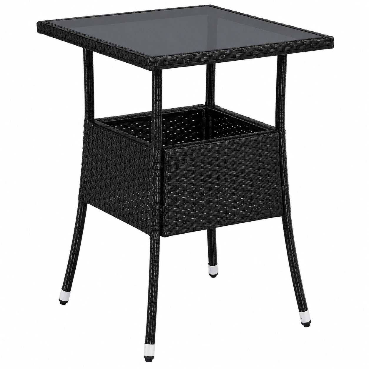 Table de Jardin en Rotin R¨¦sistant aux Intemp¨¦ries avec Plateau en Verre - 60x60 cm - Id¨¦ale pour Balcon et Terrasse - Noire